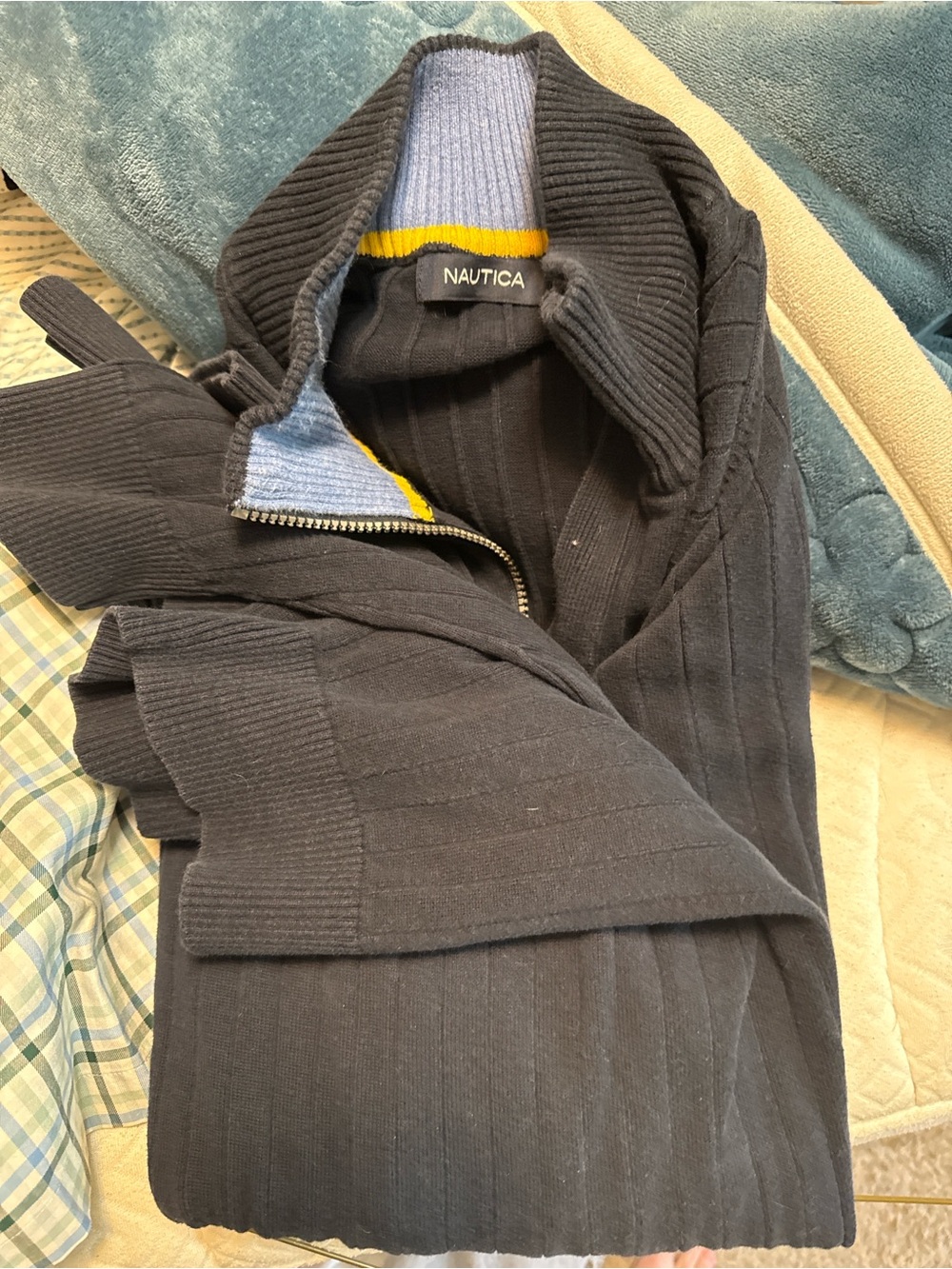 Nautica Men's Black Ribbed Zip Cardigan with Blue & Yellow Trim